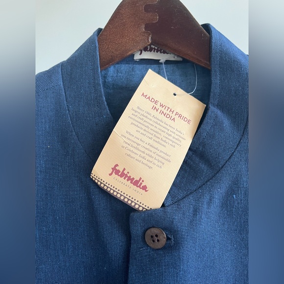 NWT Fabindia Men Sleeveless Jacket Vest Nehru Mandarin Collar Woven Cotto Blue M - Picture 3 of 10